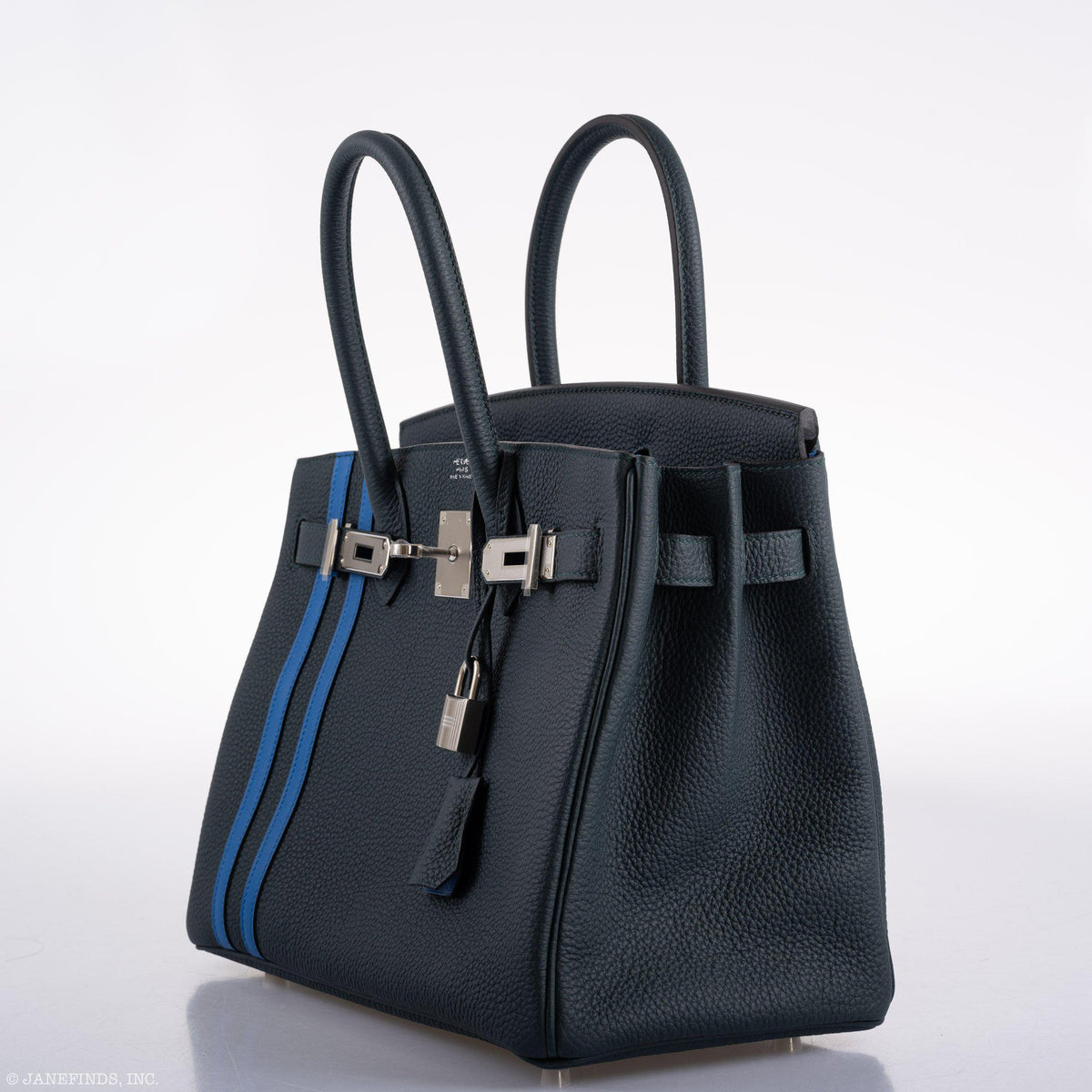 Hermes Birkin 30 Officier Vert Cyprès Togo & Bleu Zellige Stripe & Lining Palladium Hardware - 2018, C - interior detail
