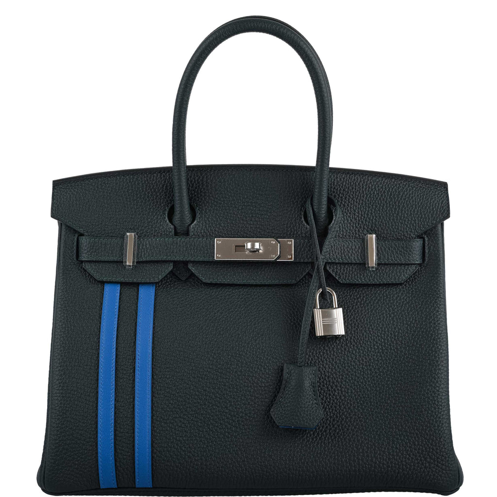 Hermes Birkin 30 Officier Vert Cyprès Togo & Bleu Zellige Stripe & Lining Palladium Hardware - 2018, C - interior detail