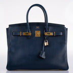 Hermes Birkin 35 Blue Saphire Ardennes leather Gold Hardware - Z Circle - hardware detail
