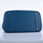 Hermes Birkin 40 HAC Blue Thalassa Togo & White Stitching Palladium Hardware - 2003, G Square - hardware detail
