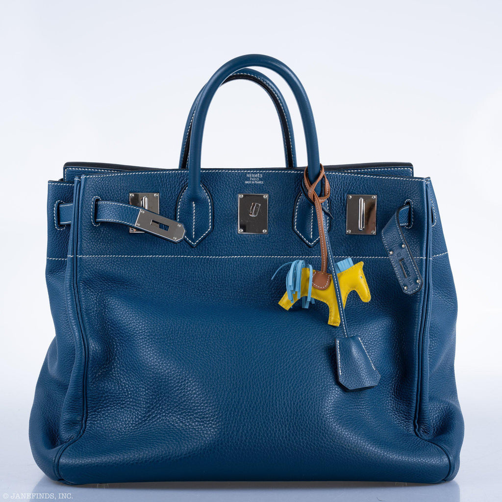 Hermes Birkin 40 HAC Blue Thalassa Togo & White Stitching Palladium Hardware - 2003, G Square - hardware detail