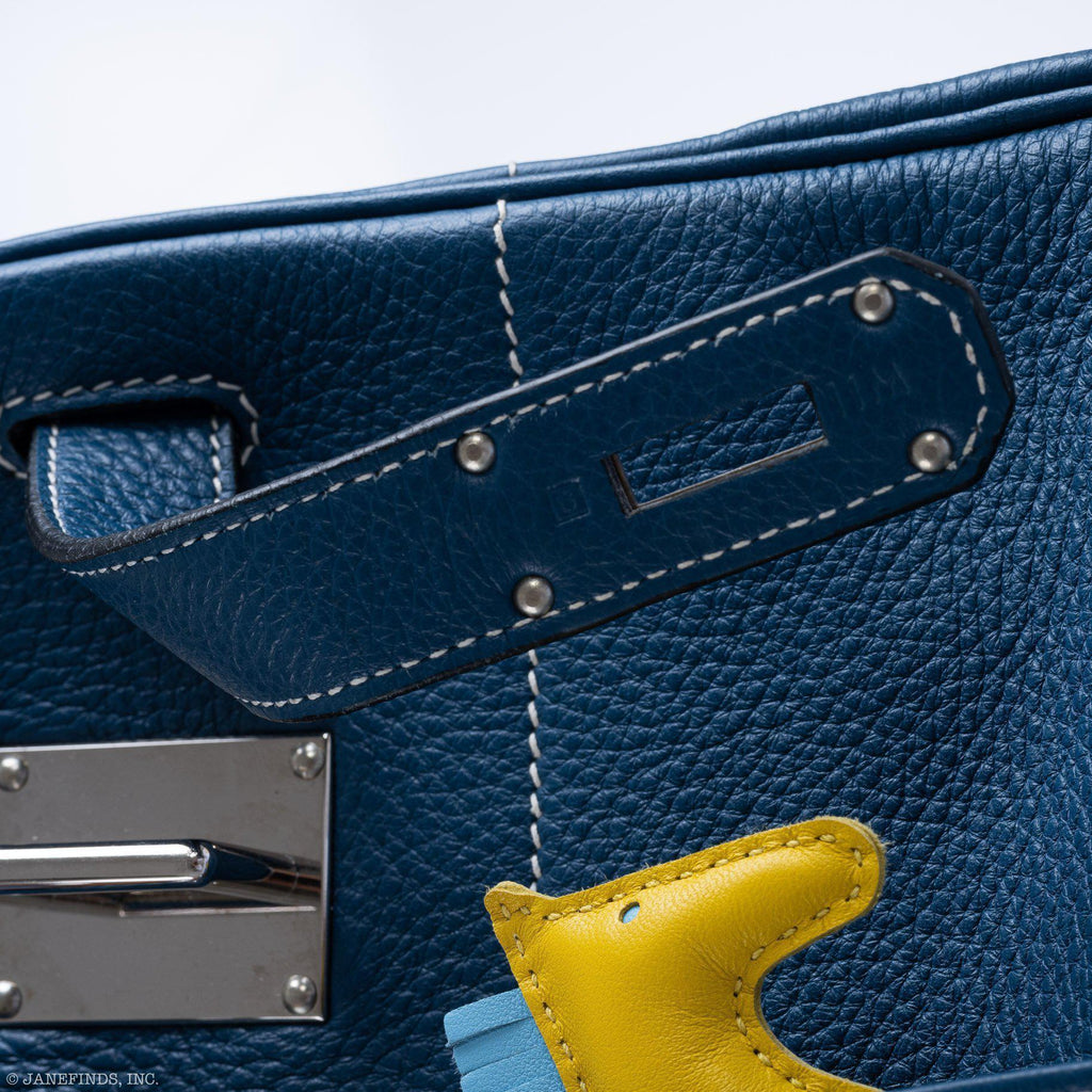 Hermes Birkin 40 HAC Blue Thalassa Togo & White Stitching Palladium Hardware - 2003, G Square - hardware detail