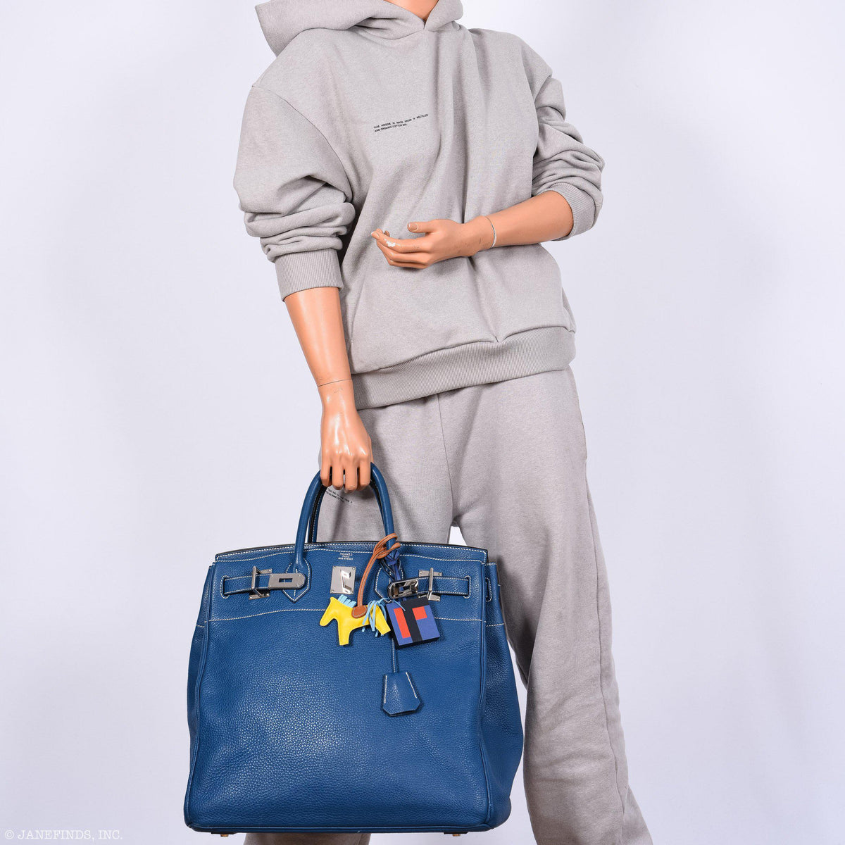 Hermes Birkin 40 HAC Blue Thalassa Togo & White Stitching Palladium Hardware - 2003, G Square - hardware detail