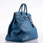 Hermes Birkin 40 HAC Blue Thalassa Togo & White Stitching Palladium Hardware - 2003, G Square - hardware detail