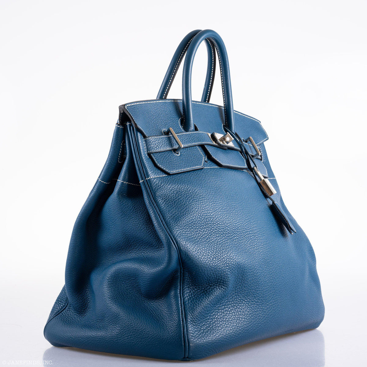 Hermes Birkin 40 HAC Blue Thalassa Togo & White Stitching Palladium Hardware - 2003, G Square - hardware detail