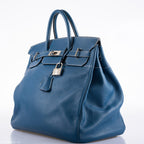 Hermes Birkin 40 HAC Blue Thalassa Togo & White Stitching Palladium Hardware - 2003, G Square - hardware detail