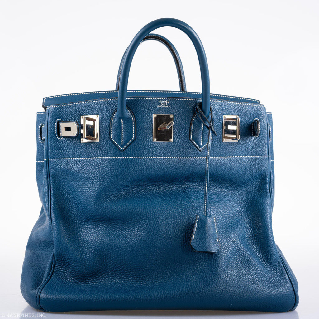 Hermes Birkin 40 HAC Blue Thalassa Togo & White Stitching Palladium Hardware - 2003, G Square - hardware detail