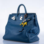 Hermes Birkin 40 HAC Blue Thalassa Togo & White Stitching Palladium Hardware - 2003, G Square - hardware detail