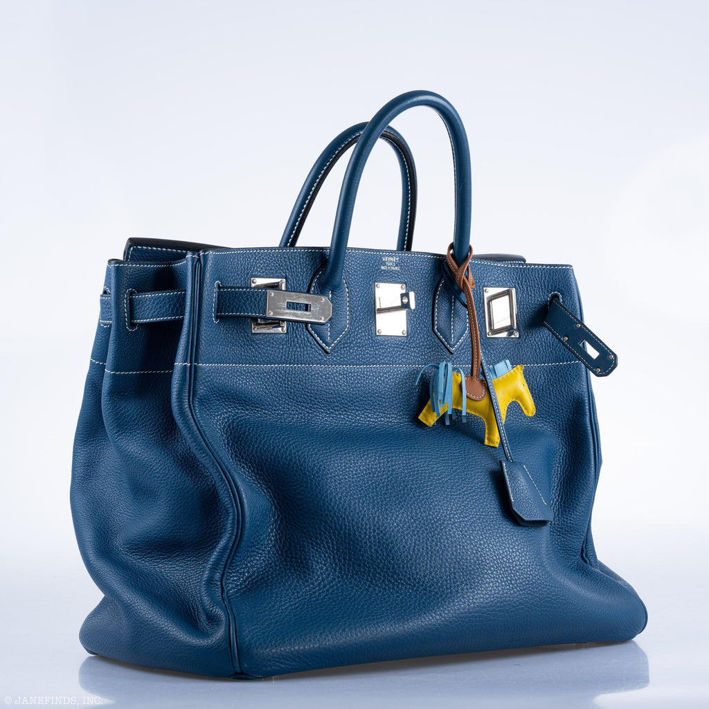 Hermes Birkin 40 HAC Blue Thalassa Togo & White Stitching Palladium Hardware - 2003, G Square - hardware detail