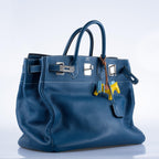 Hermes Birkin 40 HAC Blue Thalassa Togo & White Stitching Palladium Hardware - 2003, G Square - hardware detail