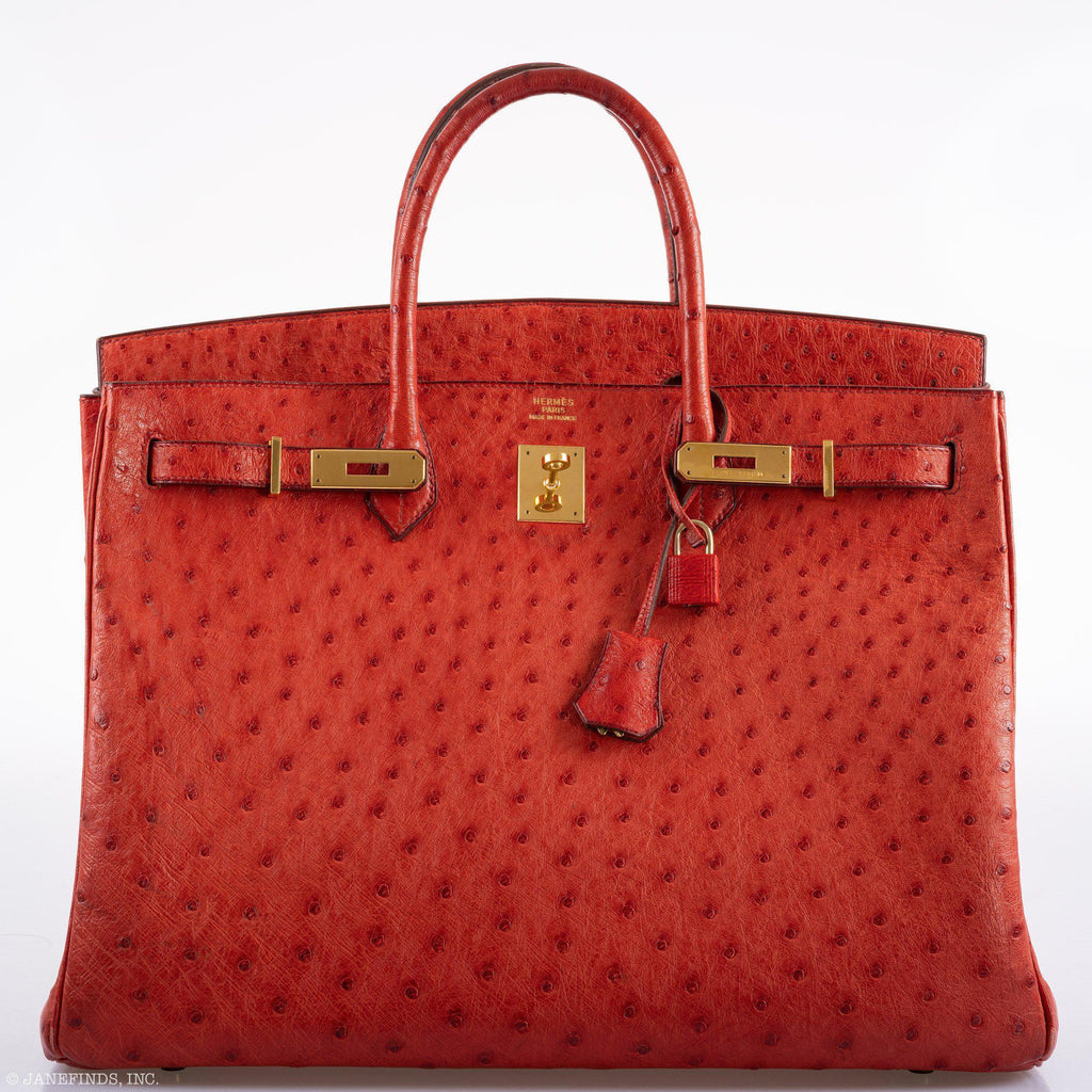 Hermes Birkin 40 Rouge Vif Ostrich with Gold Hardware - 1993, W Circle - hardware detail
