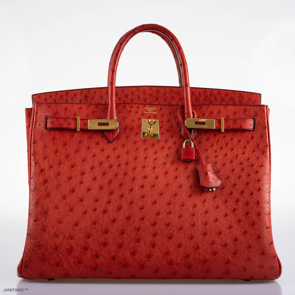 Hermes Birkin 40 Rouge Vif Ostrich with Gold Hardware - 1993, W Circle - hardware detail