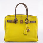 Hermes HSS Birkin 30 Lime & Etoupe Chevre with Gold Hardware - 2013, Q Square - hardware detail