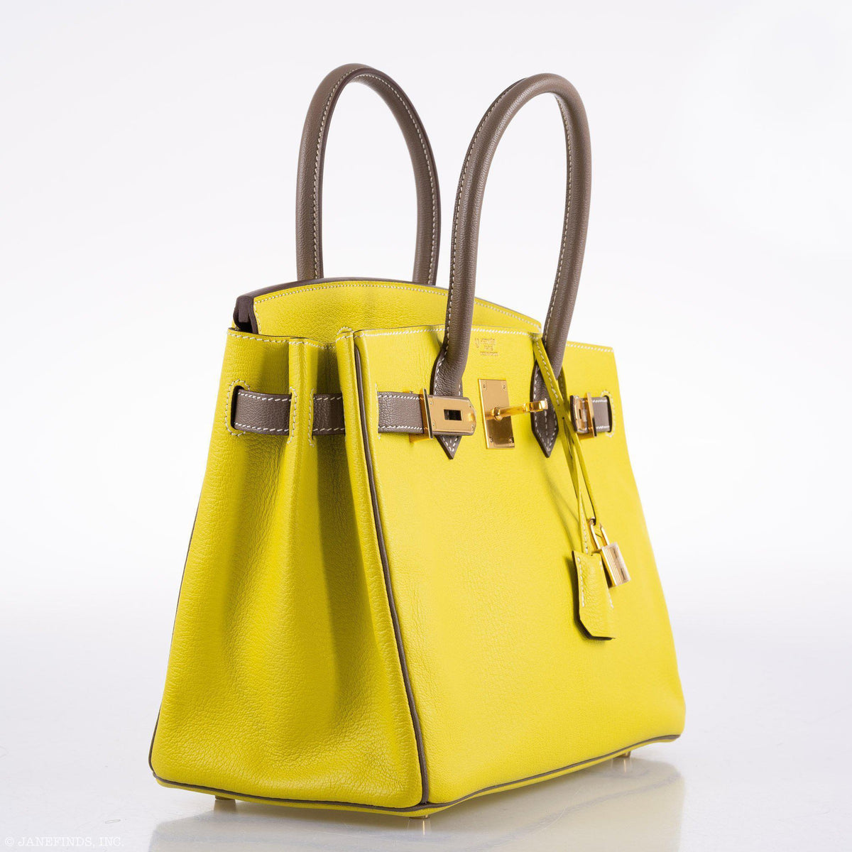 Hermes HSS Birkin 30 Lime & Etoupe Chevre with Gold Hardware - 2013, Q Square - hardware detail