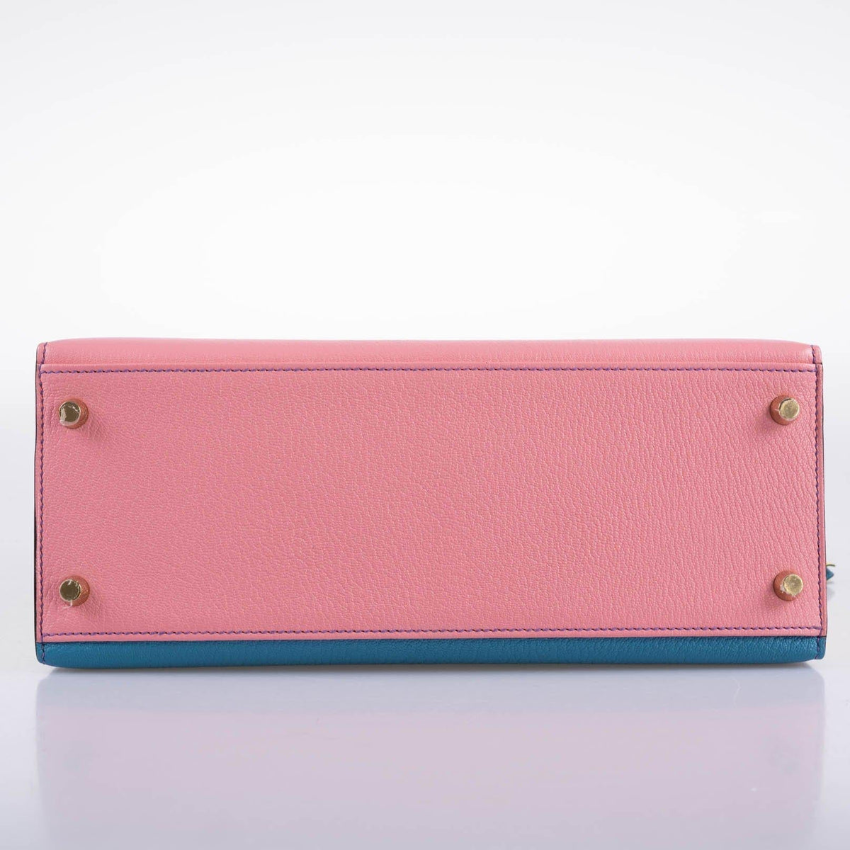 Hermes HSS Kelly 28 Sellier Tri-Color Rose Confetti, Lime & Blue Aztec Chevre with Brushed Gold Hardware - 2019, D - hardware detail