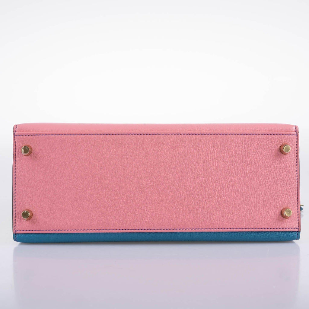 Hermes Kelly 28 Sellier HSS in Rose Confetti, Lime and Blue Aztec Chèvre leather with brushed gold-tone hardware, product photo 10