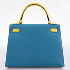 Hermes HSS Kelly 28 Sellier Tri-Color Rose Confetti, Lime & Blue Aztec Chevre with Brushed Gold Hardware - 2019, D - hardware detail