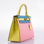 Hermes Kelly 28 Sellier HSS in Rose Confetti, Lime and Blue Aztec Chèvre leather with brushed gold-tone hardware, product photo 12