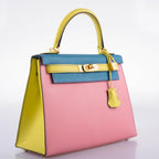 Hermes HSS Kelly 28 Sellier Tri-Color Rose Confetti, Lime & Blue Aztec Chevre with Brushed Gold Hardware - 2019, D - hardware detail