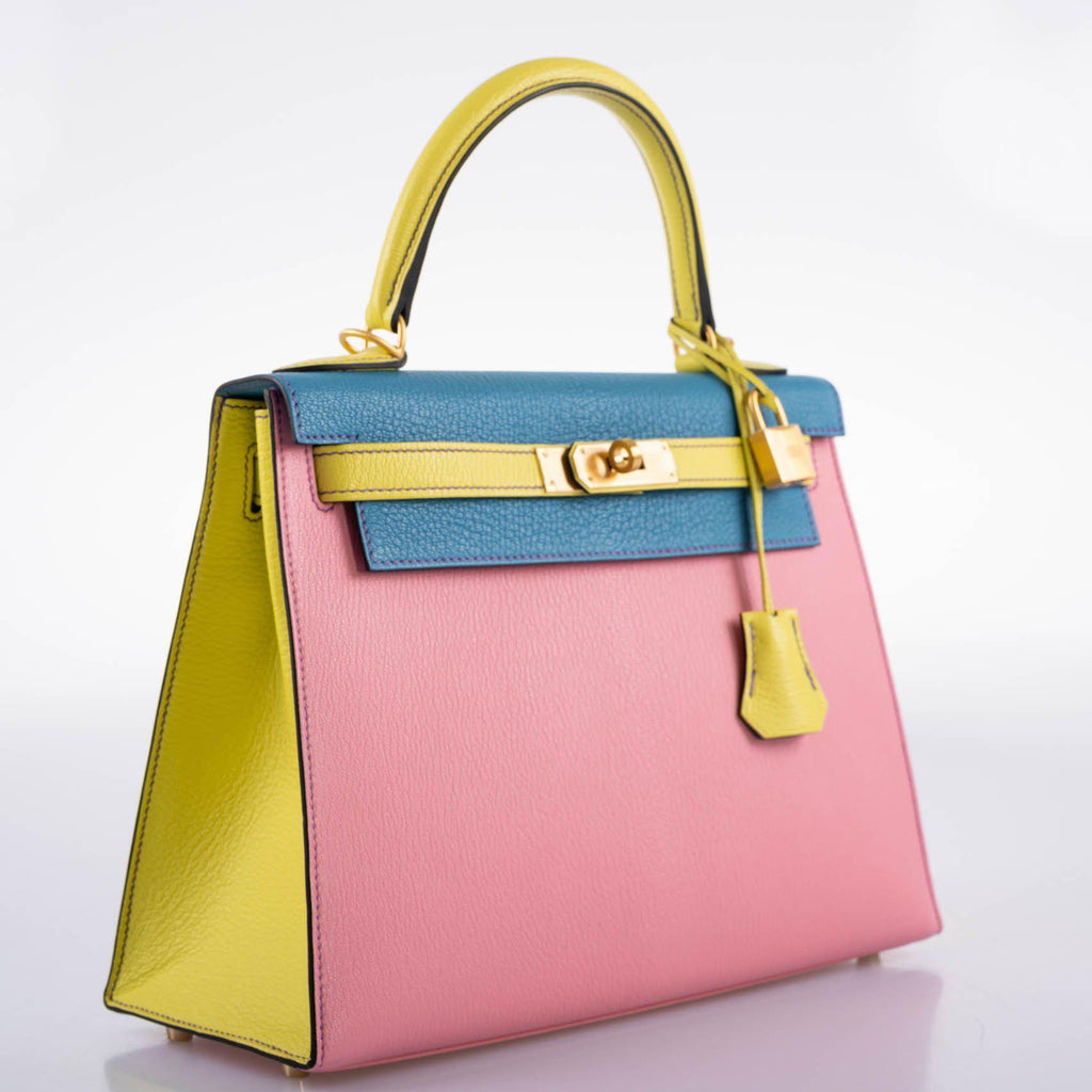 Hermes Kelly 28 Sellier HSS in Rose Confetti, Lime and Blue Aztec Chèvre leather with brushed gold-tone hardware, product photo 3
