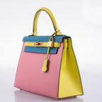 Hermes Kelly 28 Sellier HSS in Rose Confetti, Lime and Blue Aztec Chèvre leather with brushed gold-tone hardware, product photo 4