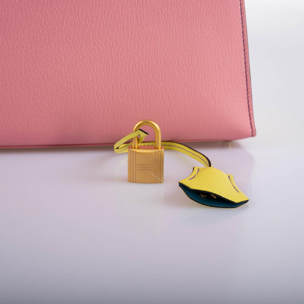 Hermes Kelly 28 Sellier HSS in Rose Confetti, Lime and Blue Aztec Chèvre leather with brushed gold-tone hardware, product photo 6
