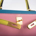 Hermes Kelly 28 Sellier HSS in Rose Confetti, Lime and Blue Aztec Chèvre leather with brushed gold-tone hardware, product photo 7