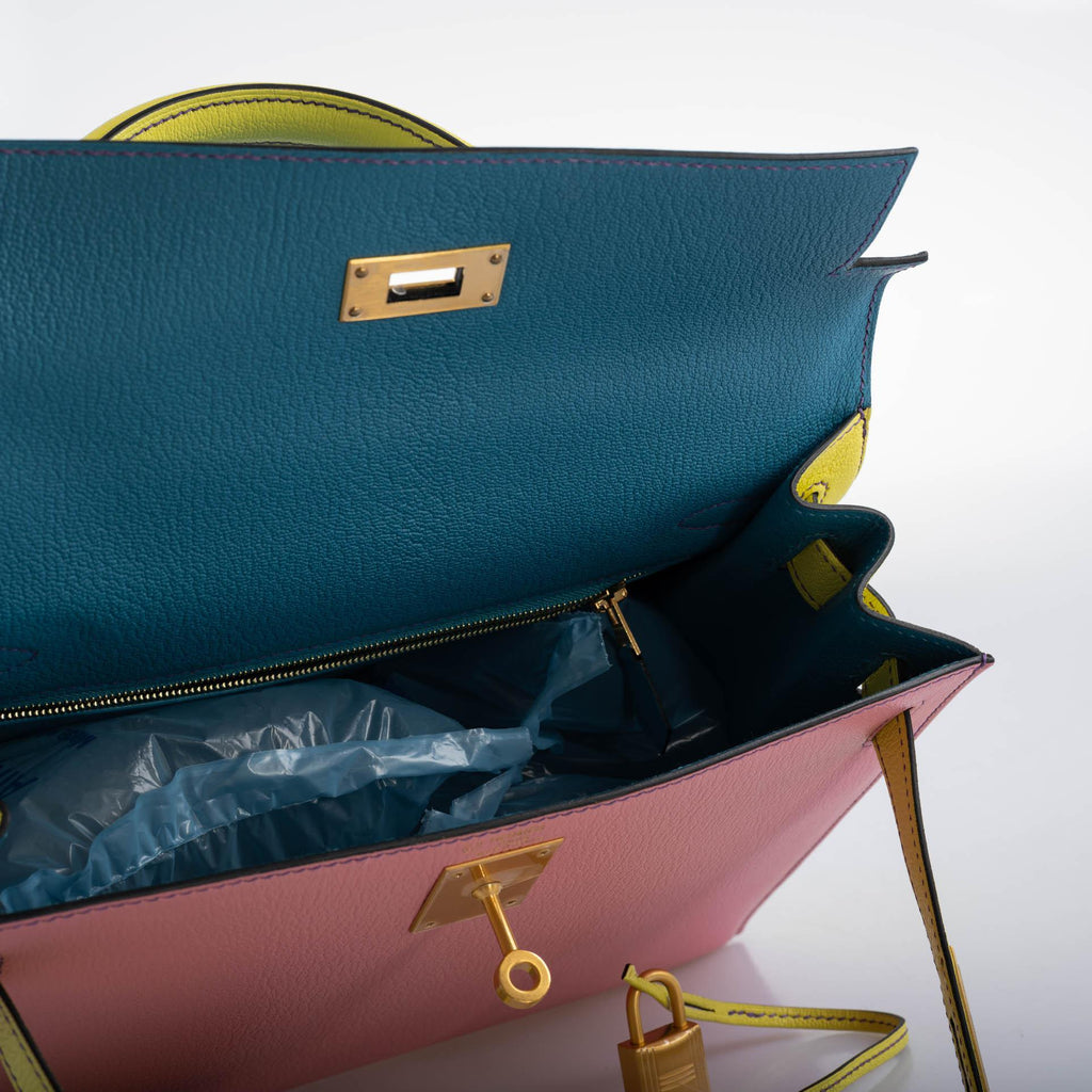 Hermes Kelly 28 Sellier HSS in Rose Confetti, Lime and Blue Aztec Chèvre leather with brushed gold-tone hardware, product photo 8