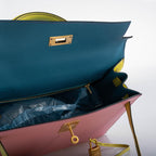 Hermes Kelly 28 Sellier HSS in Rose Confetti, Lime and Blue Aztec Chèvre leather with brushed gold-tone hardware, product photo 8