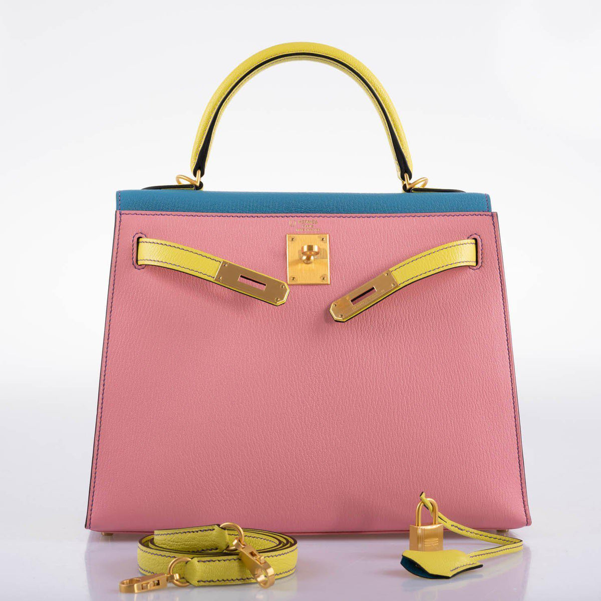 Hermes Kelly 28 Sellier HSS in Rose Confetti, Lime and Blue Aztec Chèvre leather with brushed gold-tone hardware, product photo 9