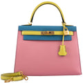 Hermes HSS Kelly 28 Sellier Tri-Color Rose Confetti, Lime & Blue Aztec Chevre with Brushed Gold Hardware - 2019, D - hardware detail