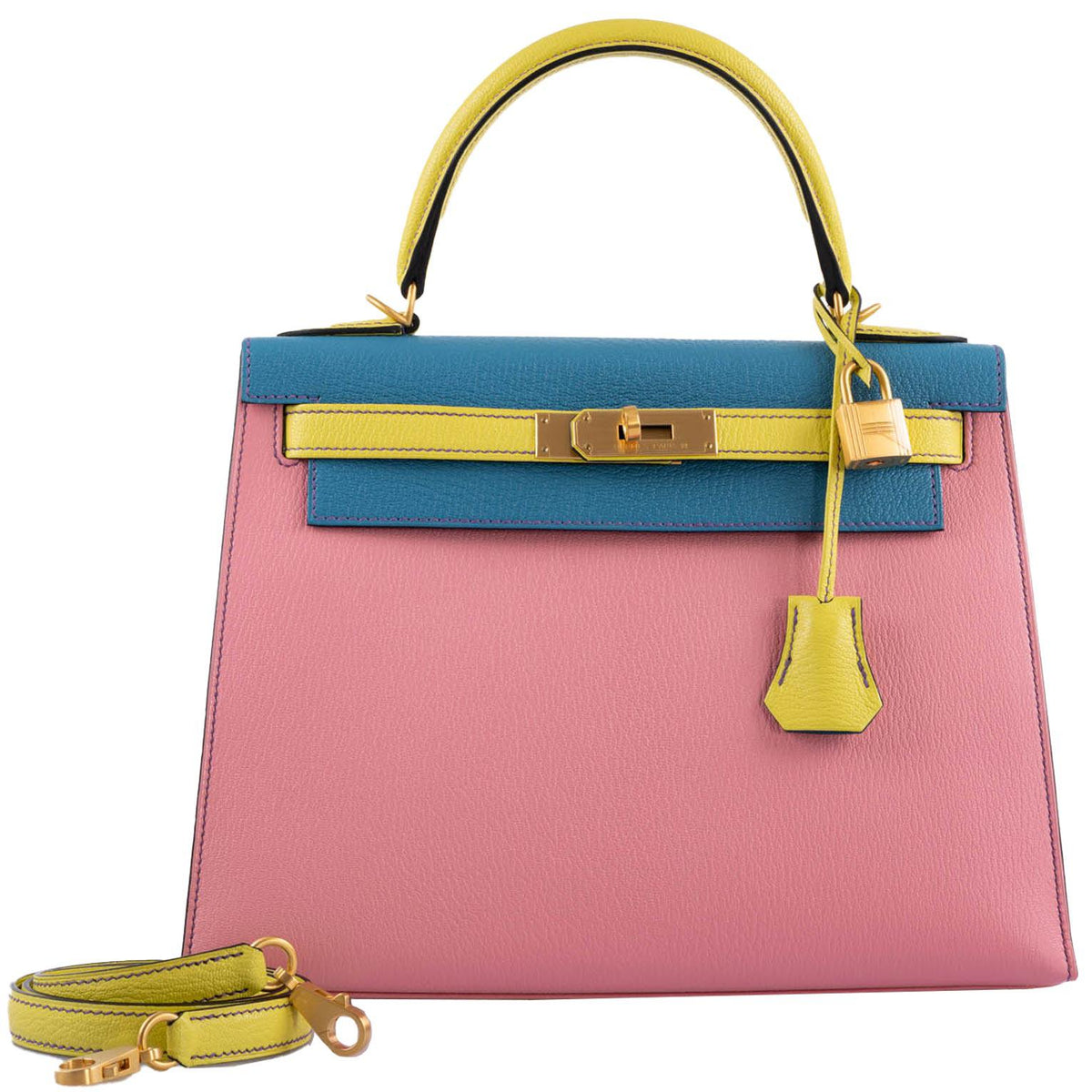 Hermes HSS Kelly 28 Sellier Tri-Color Rose Confetti, Lime & Blue Aztec Chevre with Brushed Gold Hardware - 2019, D - hardware detail