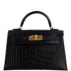 Hermes Kelly 20 Mini II Sellier Black Matte Alligator Gold Hardware