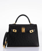 Hermes Kelly 20 Mini II Sellier Black Ostrich Gold Hardware