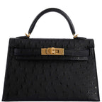 Hermes Kelly 20 Mini II Sellier Black Ostrich Gold Hardware