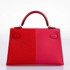 Hermes Kelly 20 Mini II Sellier Tri-color Rose Extreme, Rouge de Coeur, Bleu Zanzibar Epsom Palladium