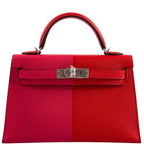 Hermes Kelly 20 Mini II Sellier Tri-color Rose Extreme, Rouge de Coeur, Bleu Zanzibar Epsom Palladium