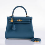 Hermes Kelly 25 Retourne Blue Colvert Togo Gold Hardware