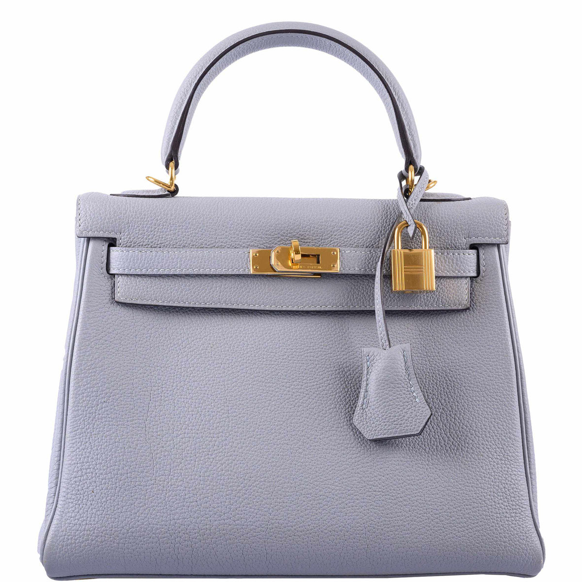 Gray handbag with gold hardware on a white background