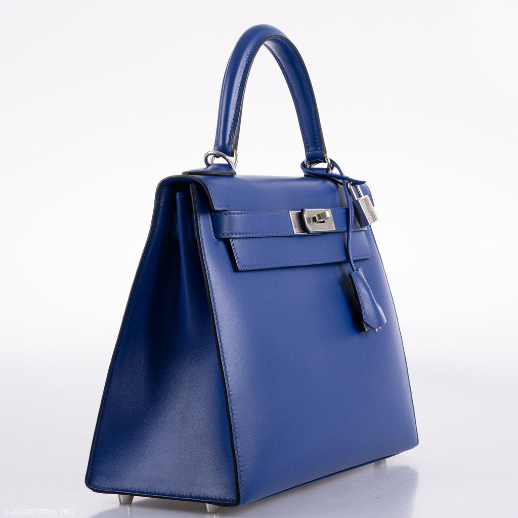 Hermes Kelly 28 Sellier Blue Electric Tadelakt, back view