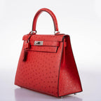 Hermes Kelly 28 Sellier Rouge Vif Ostrich, interior and construction detail