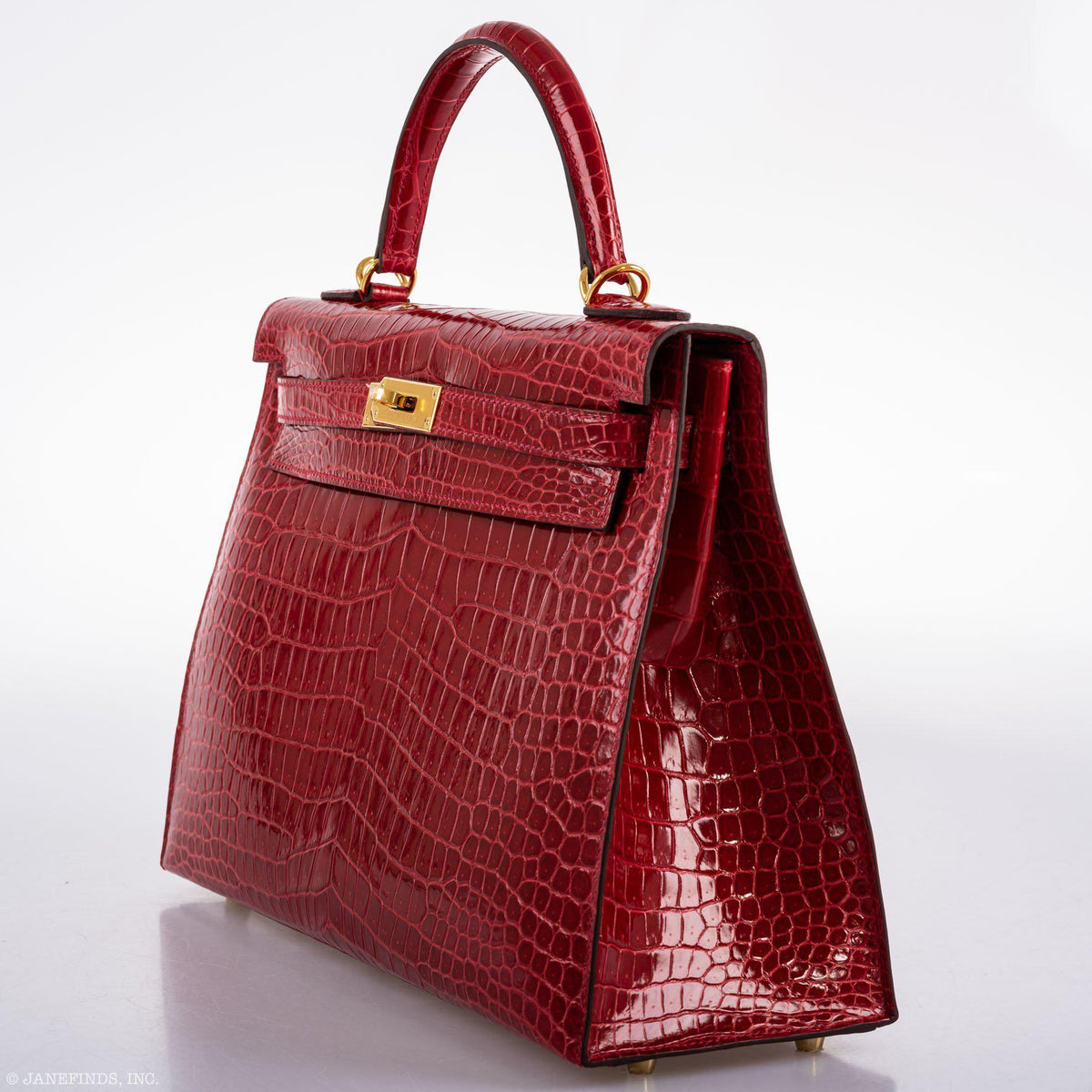 Hermes Kelly 32 Sellier Braise Porosus Crocodile, interior and construction detail