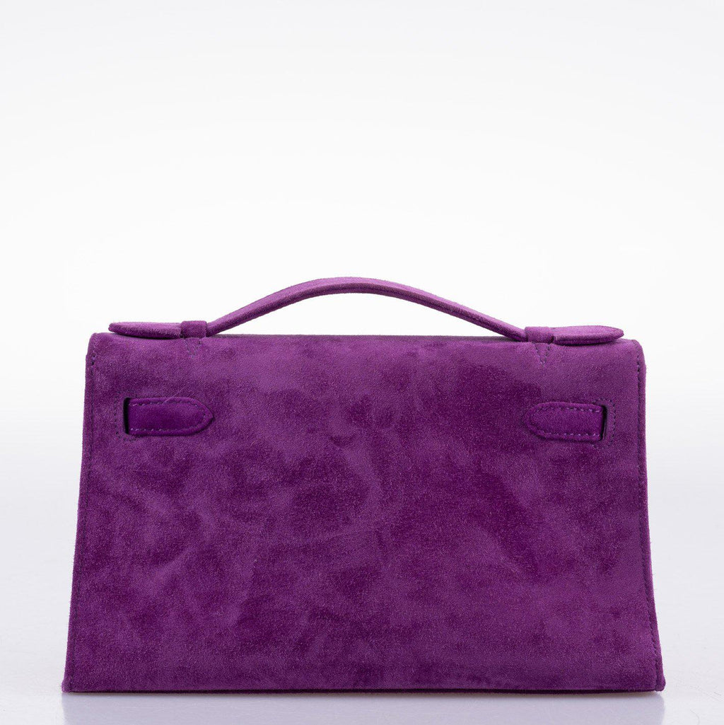 Hermes Kelly Pochette Violet Veau Doblis Suede Palladium Hardware, Top handle and flap with tonal stitching