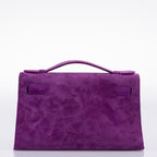 Hermes Kelly Pochette Violet Veau Doblis Suede Palladium Hardware, Top handle and flap with tonal stitching