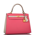 Hermes Kelly 25 Bi-Color Rose Azalee Craie