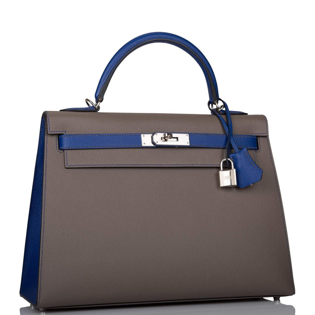 Hermes Kelly 32 Bi-Color Etain Bleu Electric, side view
