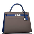 Hermes Kelly 32 Bi-Color Etain Bleu Electric, side view