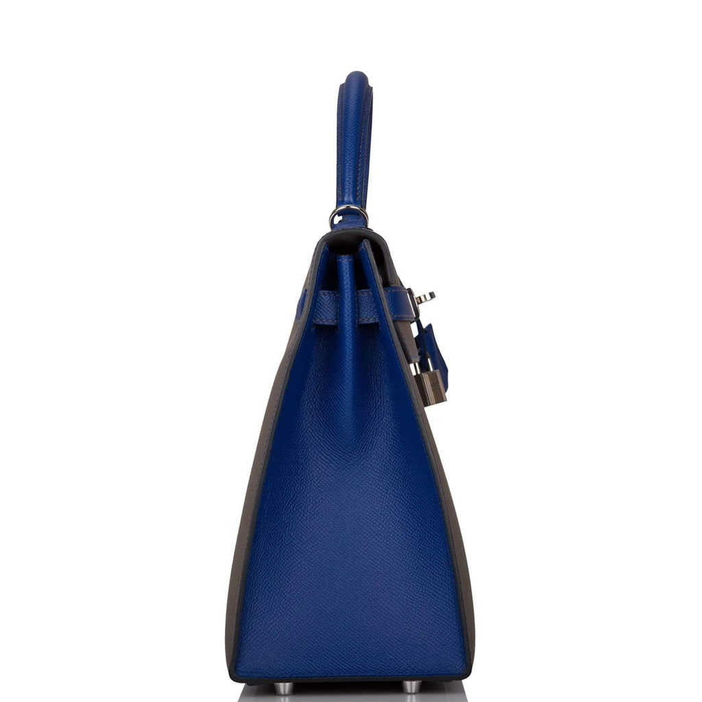 Hermes Kelly 32 Bi-Color Etain Bleu Electric, back view