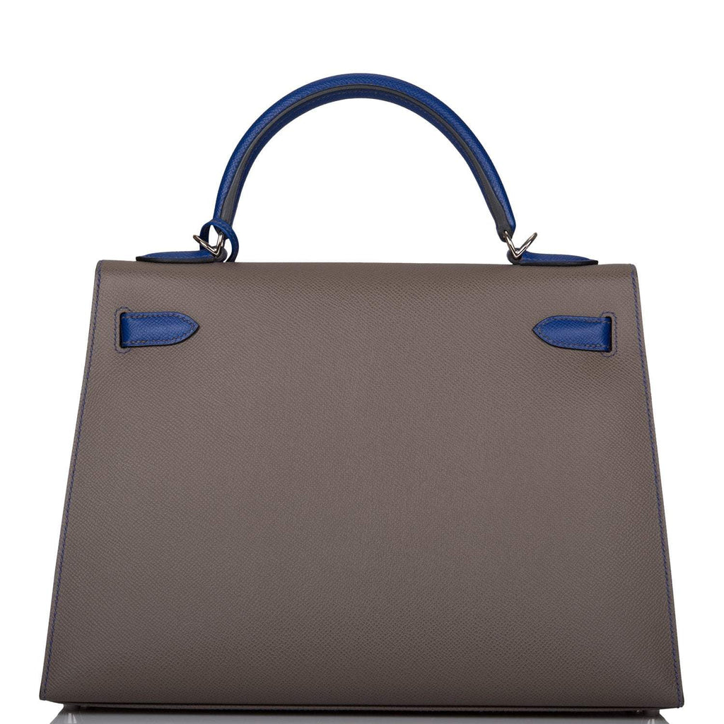 Hermes Kelly 32 Bi-Color Etain Bleu Electric, interior and construction detail