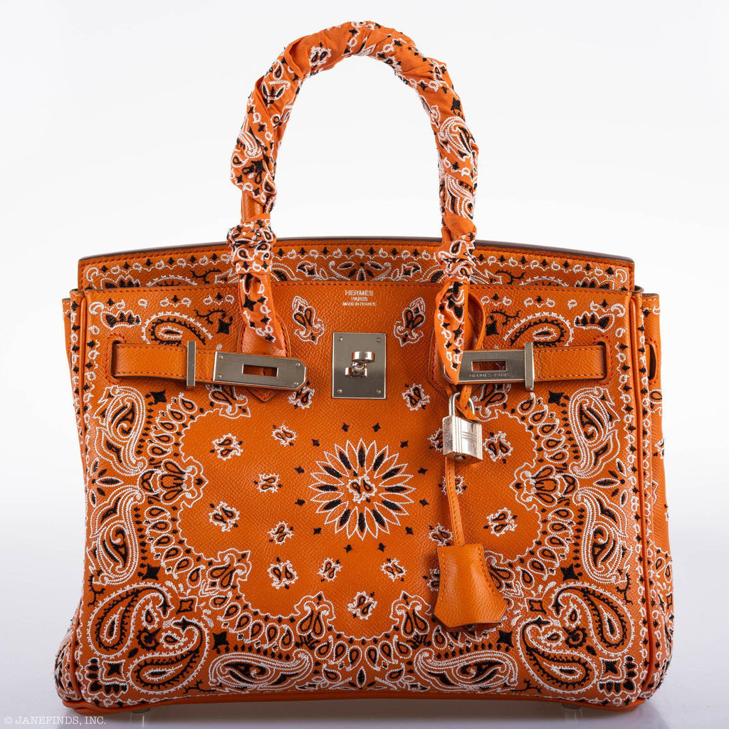 Jay Ahr Vintage 2013 Hermes Birkin 30 Orange Epsom Bandana Embroidery
